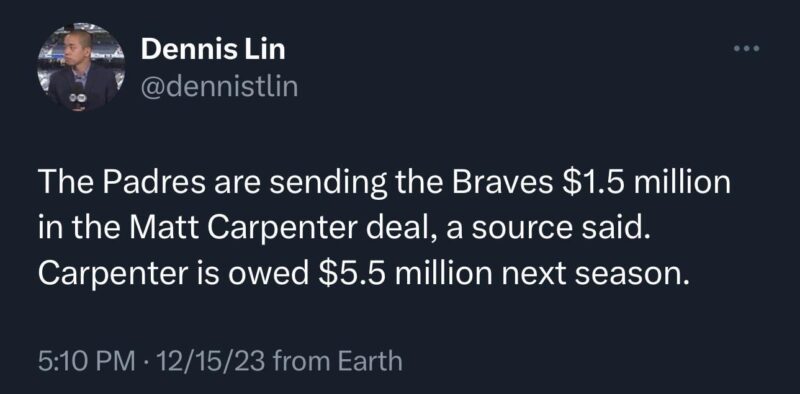 [Dennis Lin]関係者によると、パドレスはマット・カーペンターとの契約でブレーブスに150万ドルを送っているという。 カーペンターには来シーズン550万ドルの借金がある。