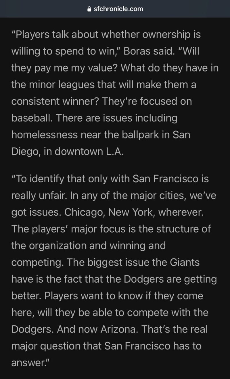 [Boras on San Francisco] ジャイアンツが抱えている最大の問題は、ドジャースが良くなってきていることだ。 選手たちはここに来ればドジャースと競争できるということを知りたがっている。 そして今はアリゾナ。