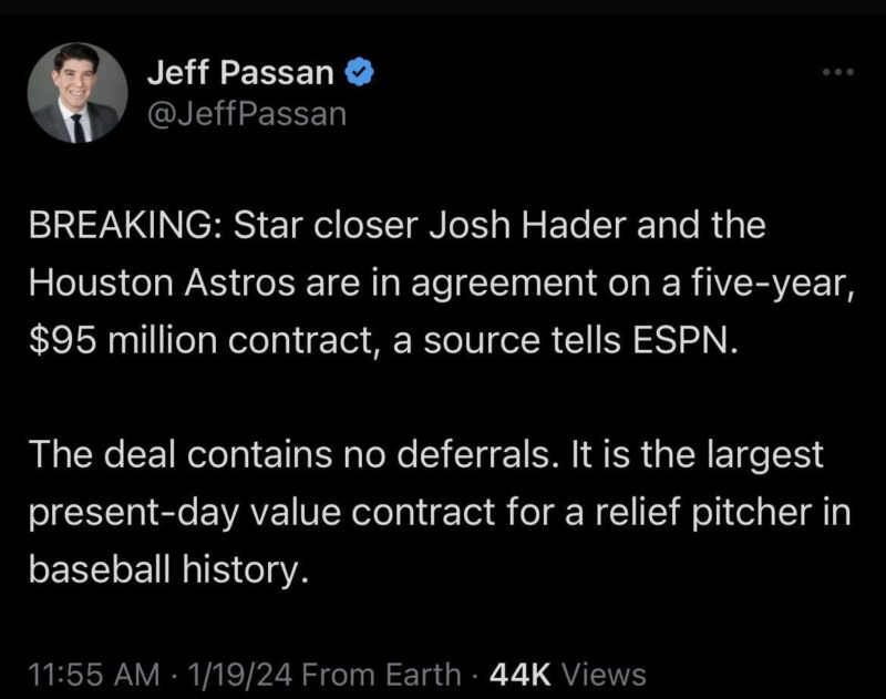 [Passan] 速報：スタークローザーのジョシュ・ヘイダーとヒューストン・アストロズは5年9,500万ドルの契約で合意していると関係者がESPNに語った。 この契約には延期は含まれていない。 これは野球史上、救援投手の現在価値で最高額の契約となる。