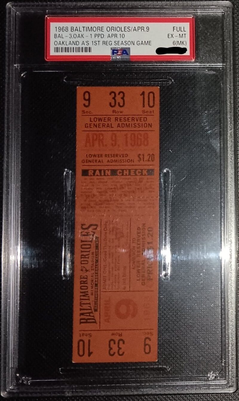 1968 年 4 月 9 日、オークランド A ズは最初の試合を行いました。 これが実際の試合チケットの半券です。