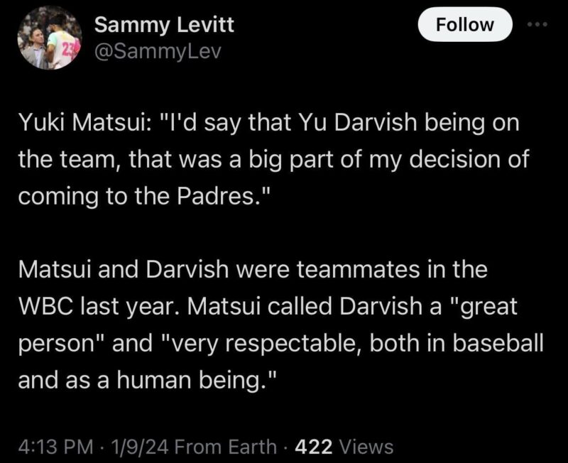 [Levitt] 松井裕樹：「ダルビッシュ有がチームにいることは、パドレスに来る決断の大きな部分を占めたと思います。」