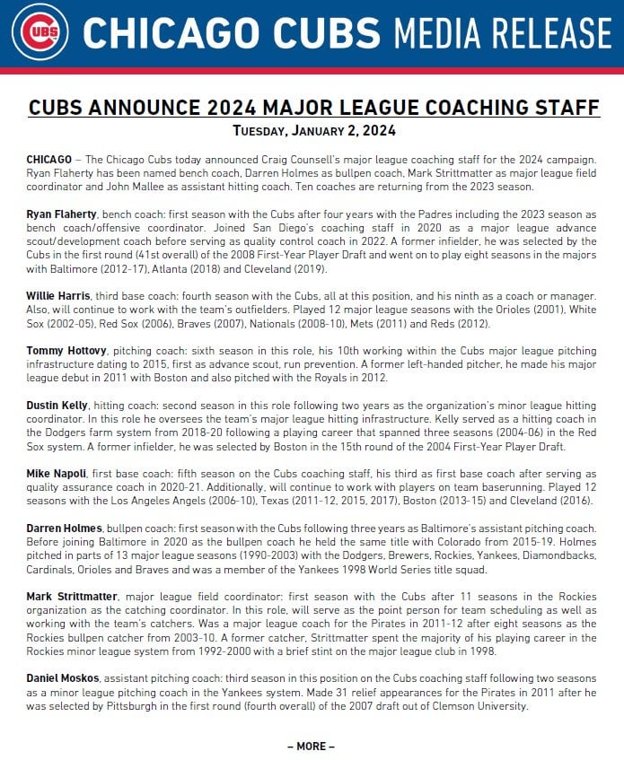 [Chicago Cubs] #カブス は本日、クレイグ・カウンセル氏の2024年のメジャーリーグコーチングスタッフを発表した。