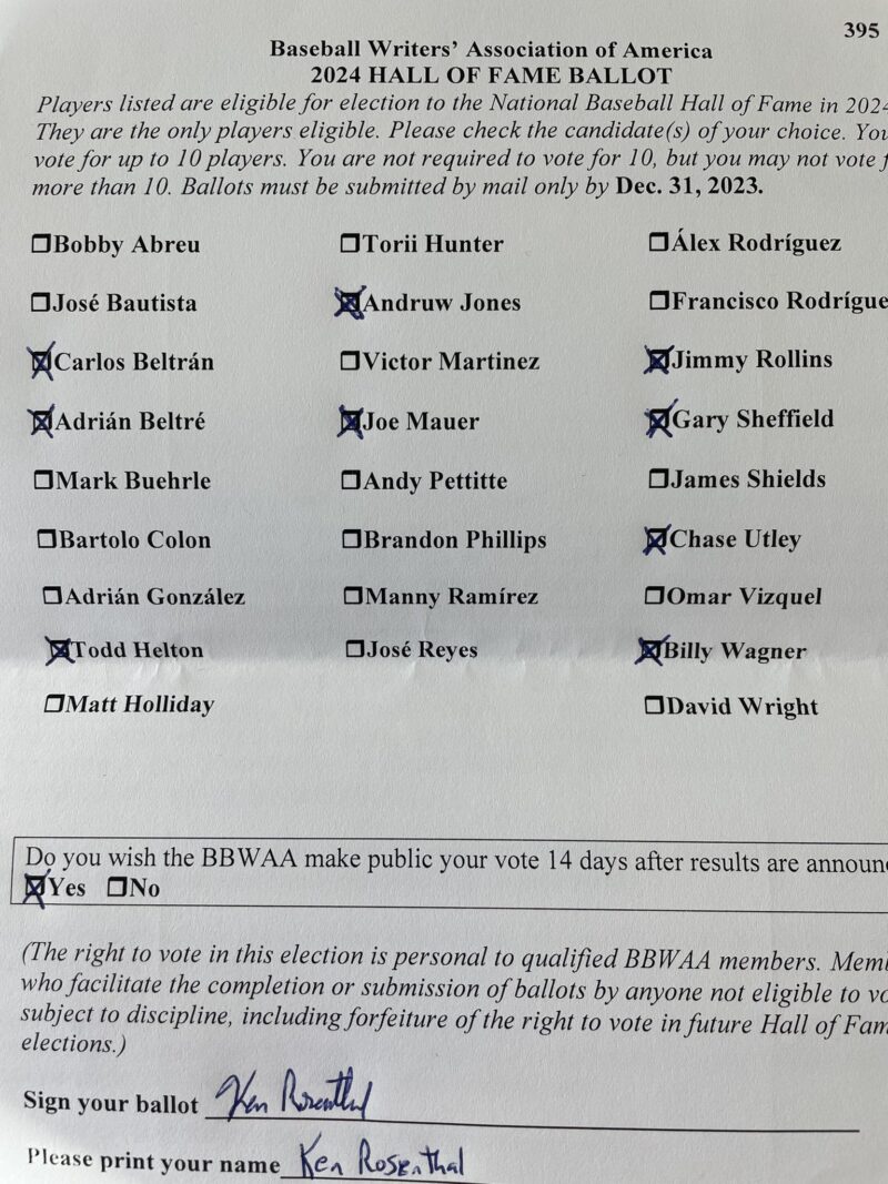 [Rosenthal] 私の全投票 (ベルトラン、ベルトレ、ヘルトン、ジョーンズ、マウアー、ローリンズ、シェフィールド、アトリー、ワグナー)