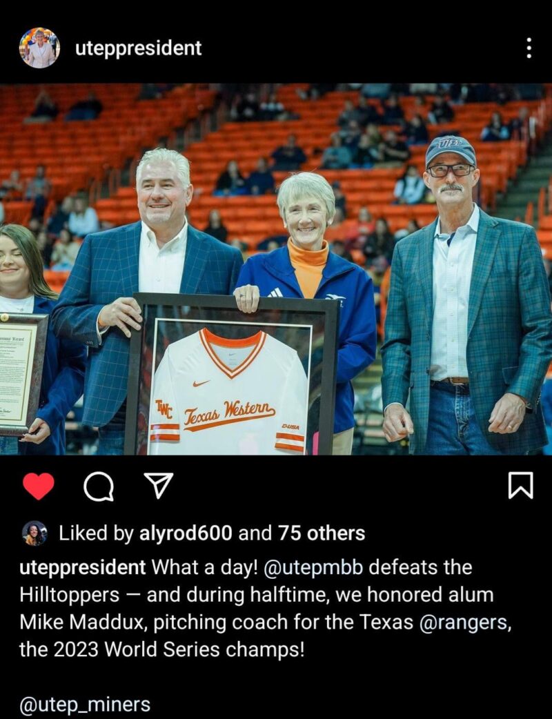 昨夜、レンジャーズ投手のチアッチ・マイク・マダックスが母校と私の学校であるテキサス大学エルパソ校で表彰されました。