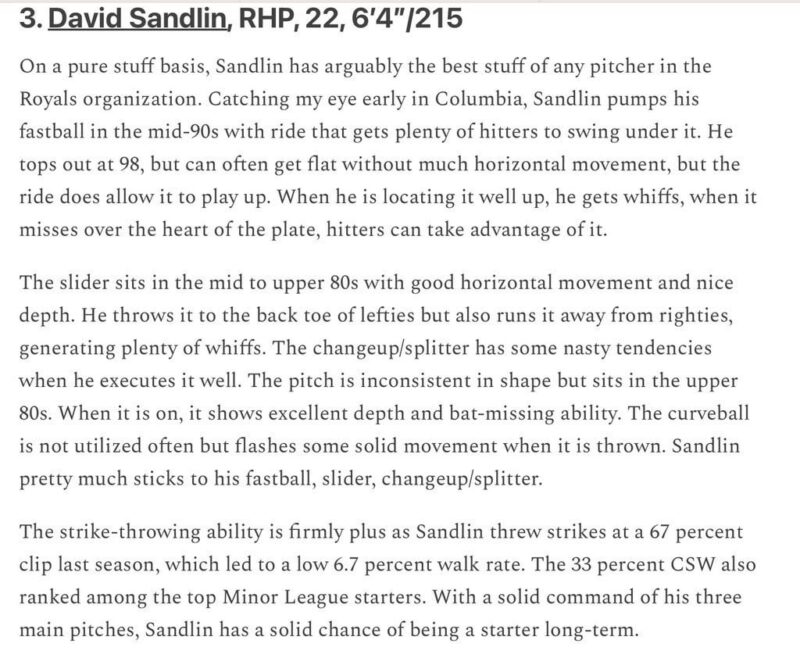 [Chris Clegg of SoxProspects] レッドソックスファンはデビッド・サンドリンの獲得に興奮するだろう。 非常に強い腕と大きな乗りの速球。 私のレポートは次のとおりです。