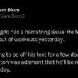 [Sam Blum] ルイス・レンギフォはハムストリングに問題を抱えている。 彼は昨日トレーニングを休みました。 彼は数日間、仕事を休むことになるだろう。 ロン・ワシントンは開幕日に向けて準備ができていると断言した。
