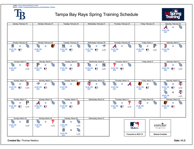 タンパベイ レイズの春季トレーニング スケジュール (MLB TV およびスタットキャスト ゲームを示す)