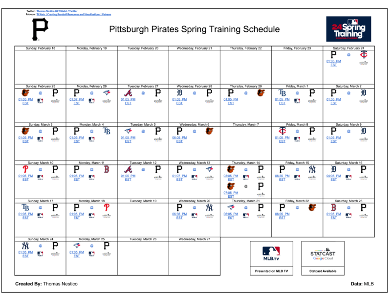 ピッツバーグ パイレーツのスプリング トレーニング スケジュール (MLB TV および Statcast Games を示す)