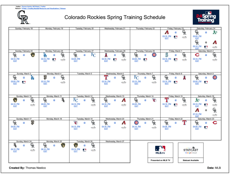 コロラド ロッキーズのスプリング トレーニング スケジュール (MLB TV および Statcast Games を示す)