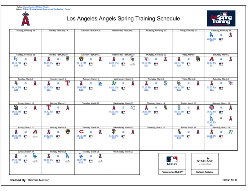 ロサンゼルス・エンゼルスのスプリングトレーニングスケジュール (MLB TV および Statcast Games を示す)