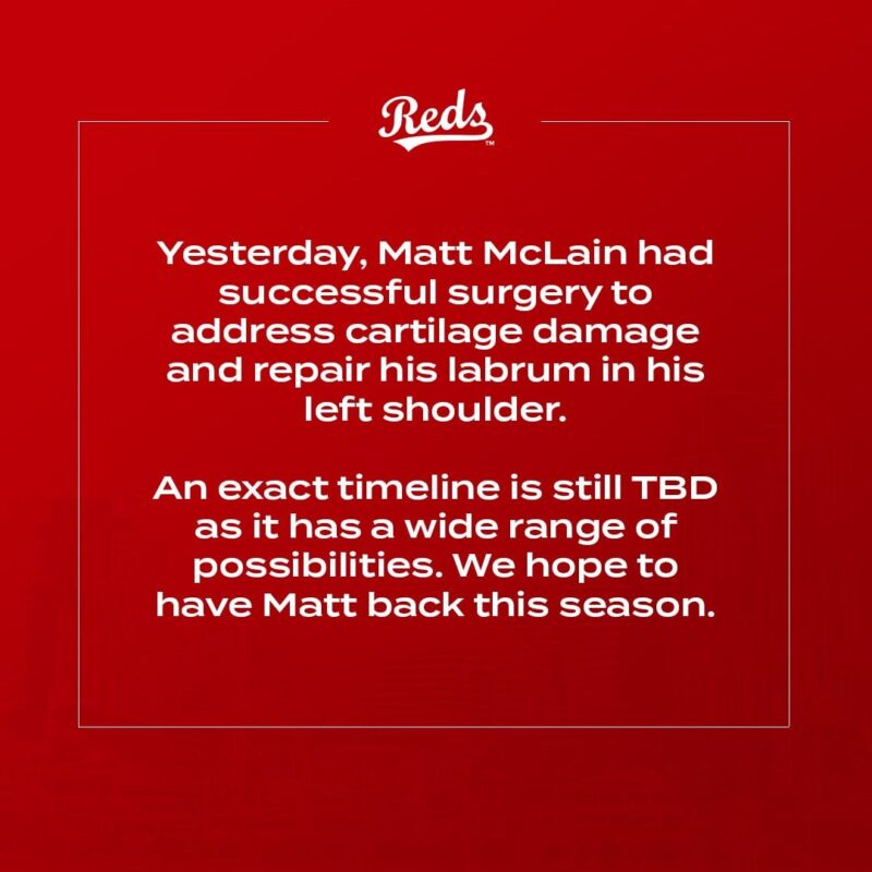 [Reds] マット・マクレーンは左肩の修復手術に成功したが、回復スケジュールはまだ未定