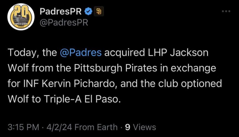 [PadresPR] 今日、@パドレスはINFカービン・ピシャルドと引き換えにピッツバーグ・パイレーツからLHPジャクソン・ウルフを獲得し、クラブはウルフをトリプルAエルパソにオプションで移籍させた。