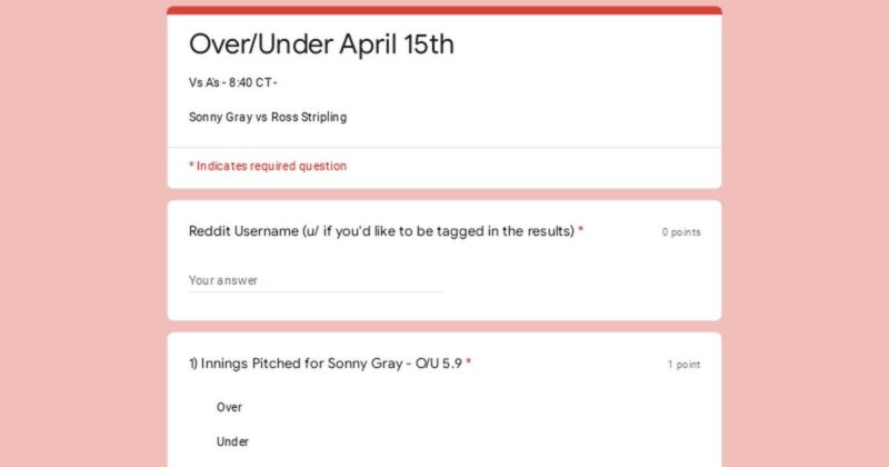 オーバー/アンダー 4 月 15 日 - 対 A's - 8:40 CT - ソニー・グレイ vs ロス・ストリップリング