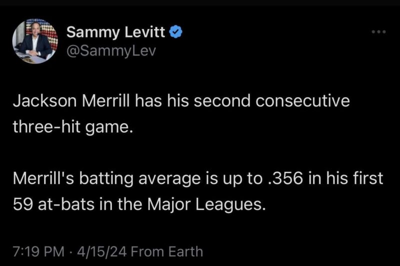 [Levitt] ジャクソン・メリルが２試合連続３安打を記録した。 メリルのメジャーリーグでの最初の59打席での打率は.356に達している。