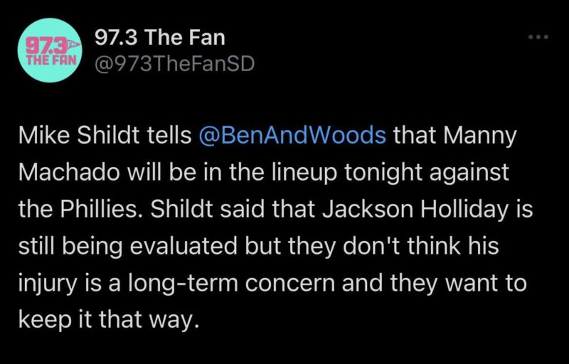 [97.3TheFan] マイク・シルトは@BenAndWoodsに、マニー・マチャドが今夜のフィリーズ戦のラインナップに入るだろうと語った。 シルト監督は、ジャクソン（メリル）はまだ評価中だが、彼らは彼の怪我が長期的な懸念事項ではないと考えており、このままにしておきたいと述べた。