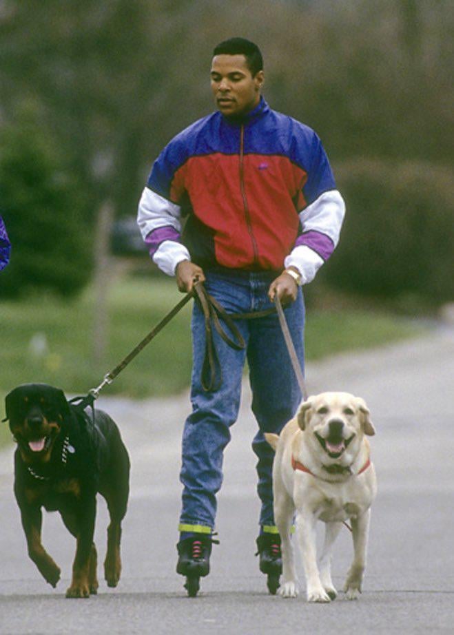 犬とローラーブレードをするバリー・ラーキン、1990 年代頃