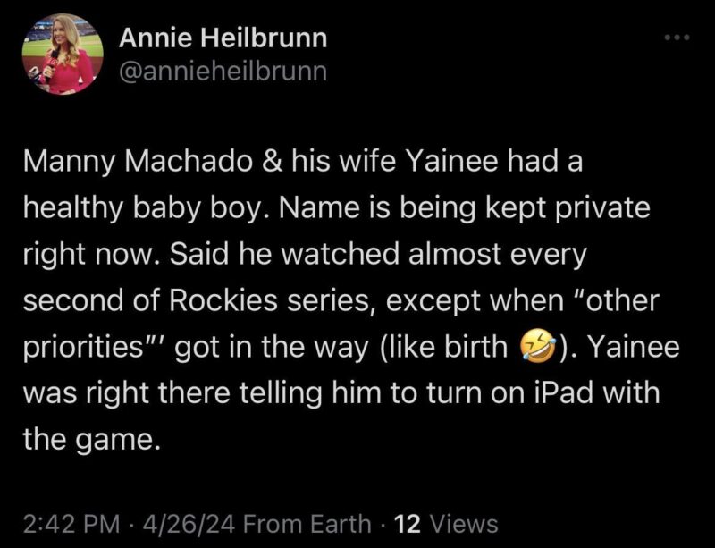 [Heilbrunn] マニー・マチャドと妻ヤイニーの間には元気な男の子が誕生した。 現在名前は非公開とさせていただいております。 彼は、「他の優先事項」が邪魔になるとき（出産など🤣）を除いて、ロッキーズシリーズをほぼ毎秒見ていると言いました。  Yainee はすぐそこにいて、ゲームで iPad をオンにするように彼に言いました。