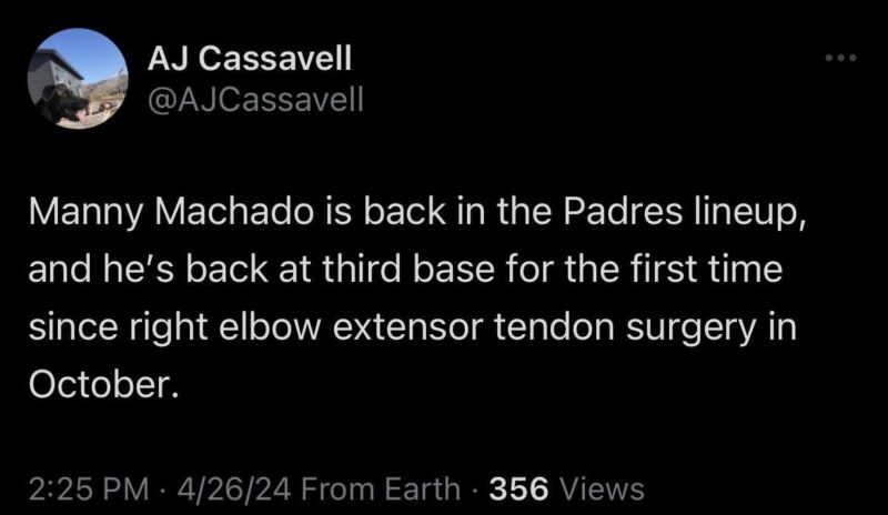 [Cassavell] マニー・マチャドがパドレスの打線に戻り、10月の右肘伸筋腱手術以来初めて三塁に戻った。