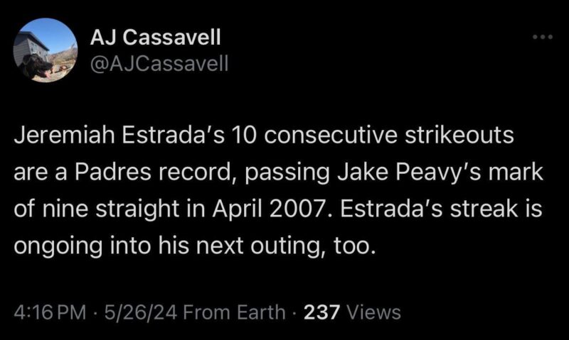 [Cassavell] ジェレミア・エストラーダの10連続三振はパドレス記録で、2007年4月にジェイク・ピービーが記録した9連続三振を上回った。エストラーダの連続記録は次の登板でも継続される。