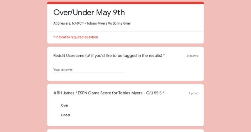 オーバー/アンダー 5月9日 - ブルワーズ、中部時間6:40 - ソニー・グレイ vs トビアス・マイヤーズ