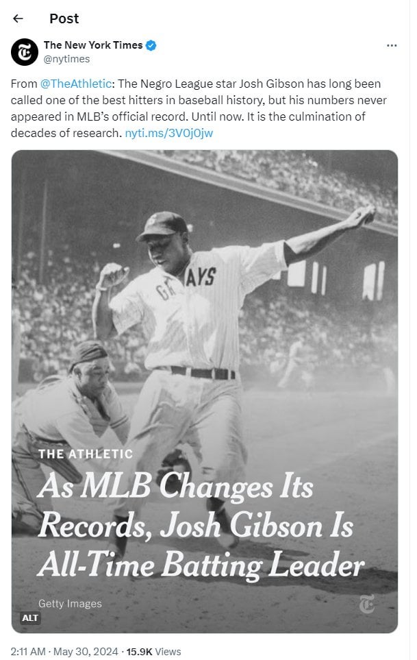 MLBが記録を更新、ジョシュ・ギブソンが歴代最多打者となる。
